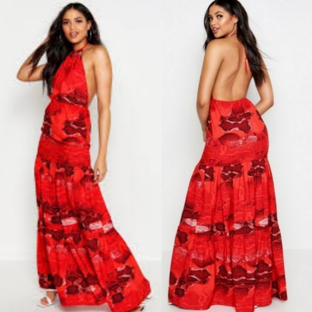NWOT Red Snake print Halter Neck Maxi Dress Sz 10